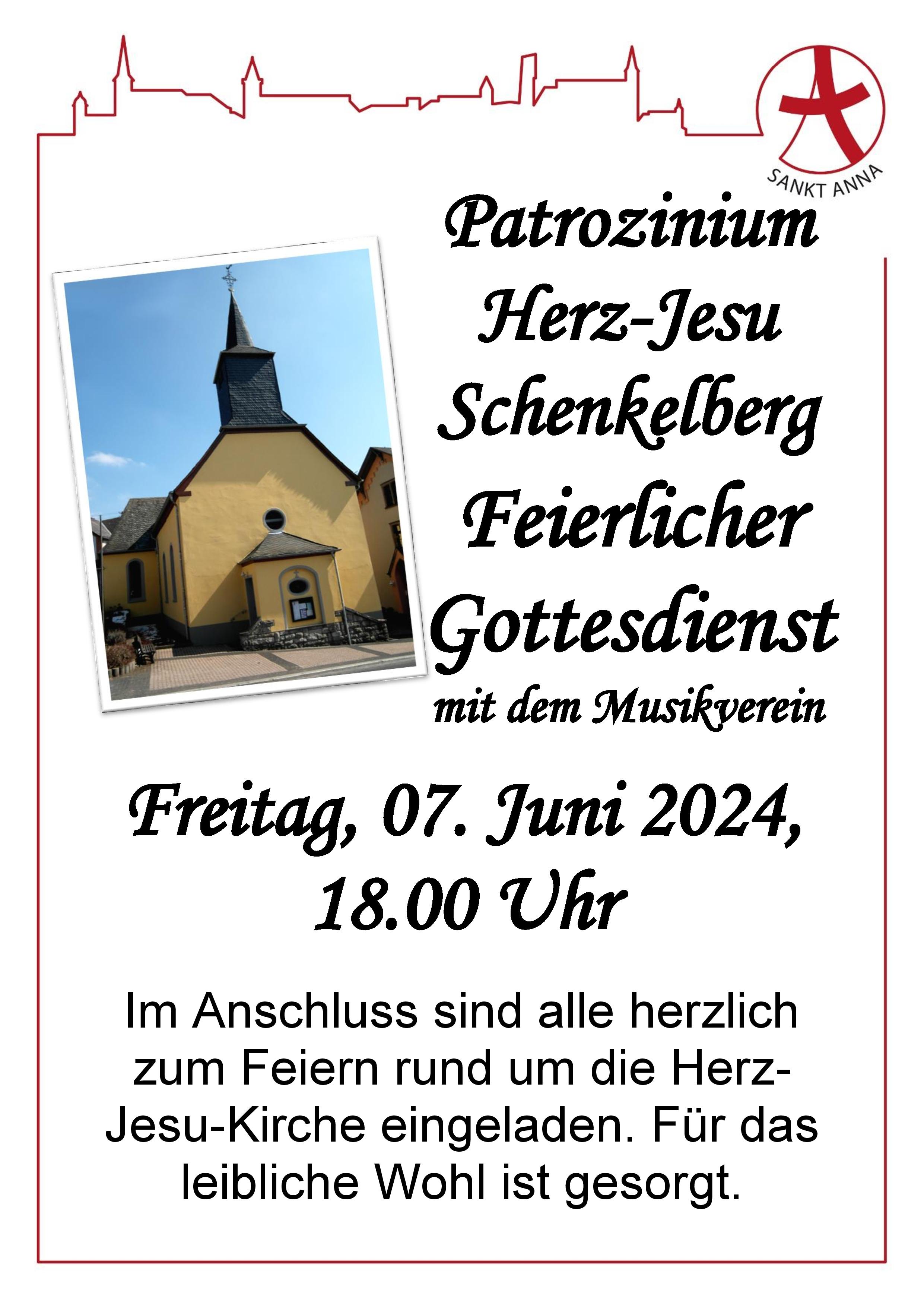 Am 07. Juni 2024 feiern wir um 18.00 Uhr eine Heilige Messe mit dem Musikverein Schenkelberg anlässlich des Patronatsfest in Herz-Jesu. Anschließend sind alle zum Feiern rund um die Kirche eingeladen. Für das leibliche Wohl ist gesorgt.